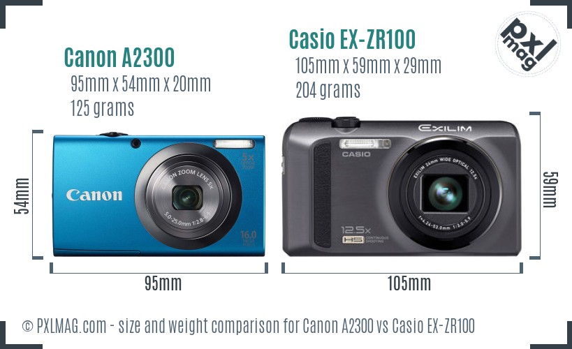 Canon A2300 vs Casio EX-ZR100 size comparison