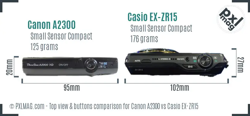 Canon A2300 vs Casio EX-ZR15 top view buttons comparison