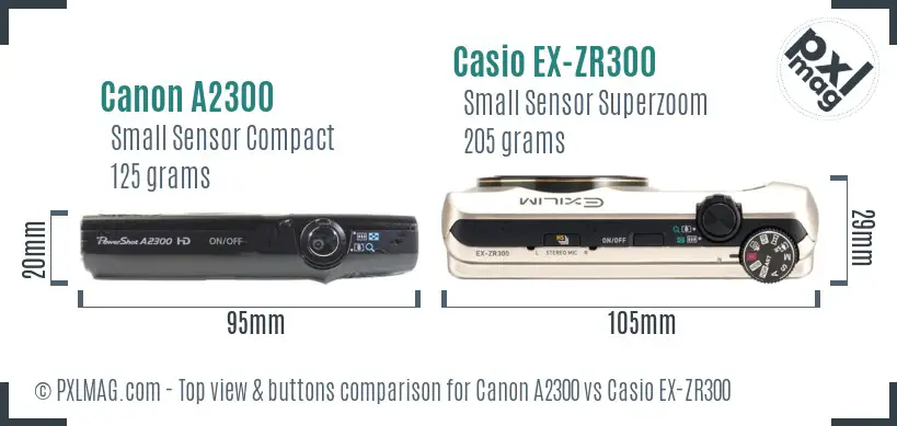 Canon A2300 vs Casio EX-ZR300 top view buttons comparison