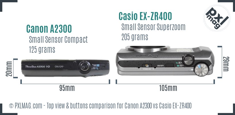 Canon A2300 vs Casio EX-ZR400 top view buttons comparison
