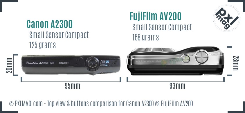 Canon A2300 vs FujiFilm AV200 top view buttons comparison