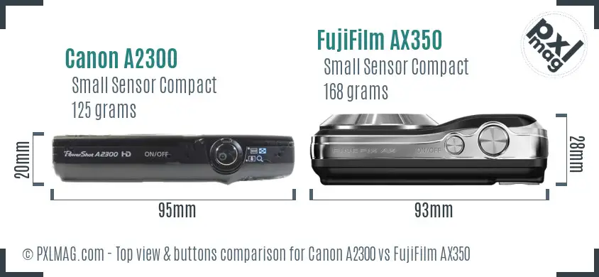 Canon A2300 vs FujiFilm AX350 top view buttons comparison