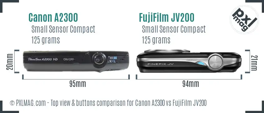 Canon A2300 vs FujiFilm JV200 top view buttons comparison