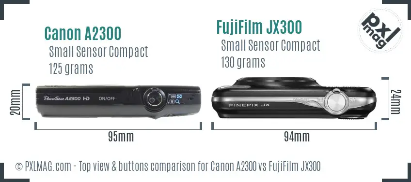 Canon A2300 vs FujiFilm JX300 top view buttons comparison