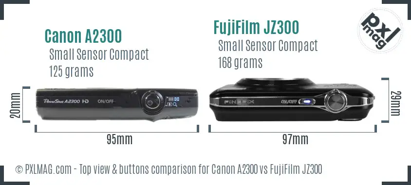 Canon A2300 vs FujiFilm JZ300 top view buttons comparison