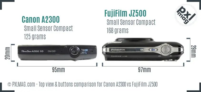 Canon A2300 vs FujiFilm JZ500 top view buttons comparison