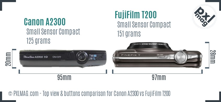 Canon A2300 vs FujiFilm T200 top view buttons comparison