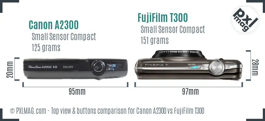 Canon A2300 vs FujiFilm T300 top view buttons comparison