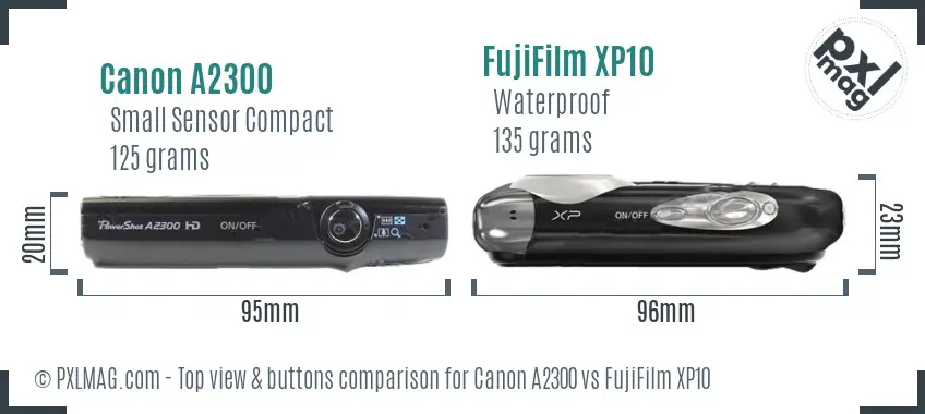 Canon A2300 vs FujiFilm XP10 top view buttons comparison