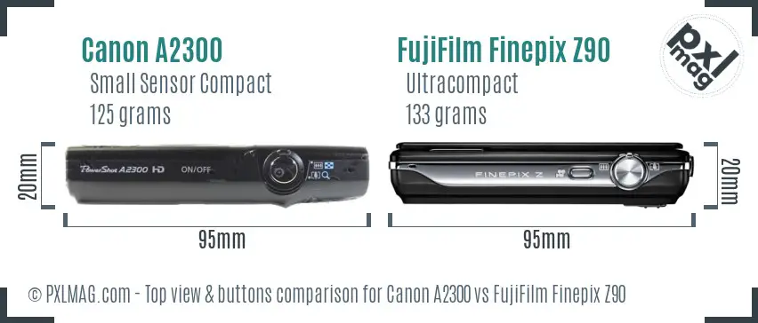 Canon A2300 vs FujiFilm Finepix Z90 top view buttons comparison