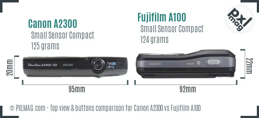 Canon A2300 vs Fujifilm A100 top view buttons comparison