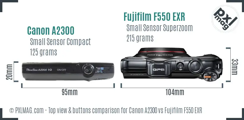 Canon A2300 vs Fujifilm F550 EXR top view buttons comparison
