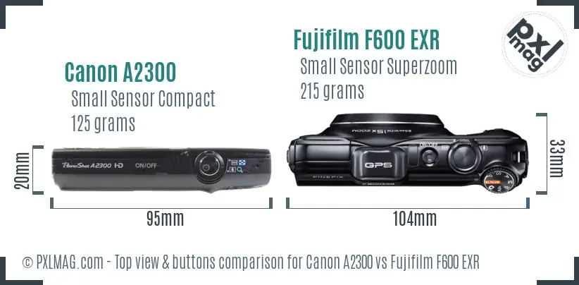 Canon A2300 vs Fujifilm F600 EXR top view buttons comparison Canon A2300 vs Fujifilm F600 EXR top view buttons comparison
