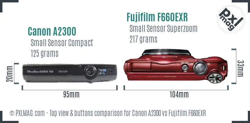 Canon A2300 vs Fujifilm F660EXR top view buttons comparison