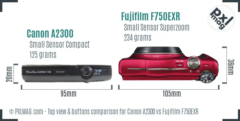 Canon A2300 vs Fujifilm F750EXR top view buttons comparison