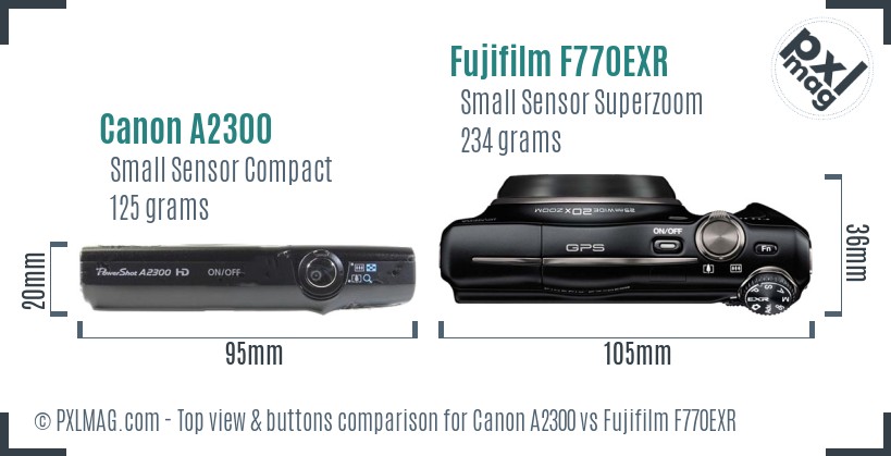 Canon A2300 vs Fujifilm F770EXR top view buttons comparison