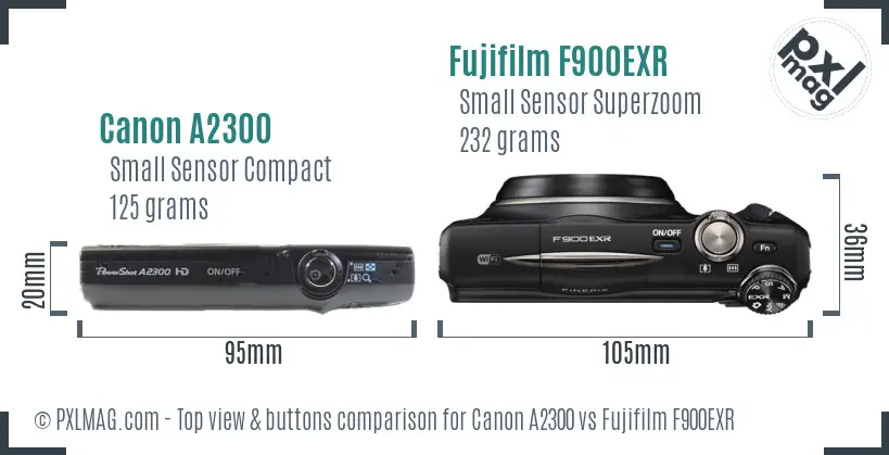 Canon A2300 vs Fujifilm F900EXR top view buttons comparison