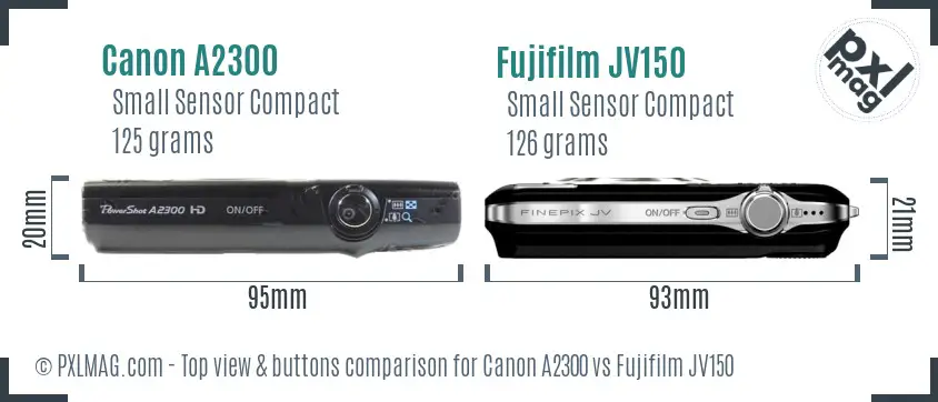 Canon A2300 vs Fujifilm JV150 top view buttons comparison