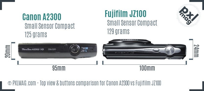 Canon A2300 vs Fujifilm JZ100 top view buttons comparison