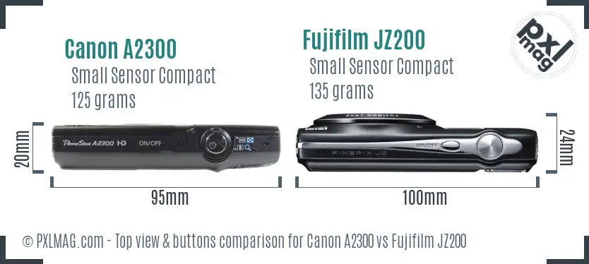 Canon A2300 vs Fujifilm JZ200 top view buttons comparison Canon A2300 vs Fujifilm JZ200 top view buttons comparison