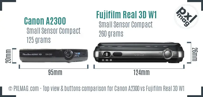 Canon A2300 vs Fujifilm Real 3D W1 top view buttons comparison
