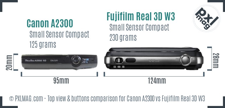 Canon A2300 vs Fujifilm Real 3D W3 top view buttons comparison