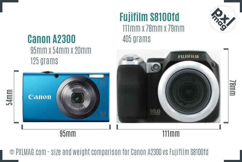 Canon A2300 vs Fujifilm S8100fd size comparison