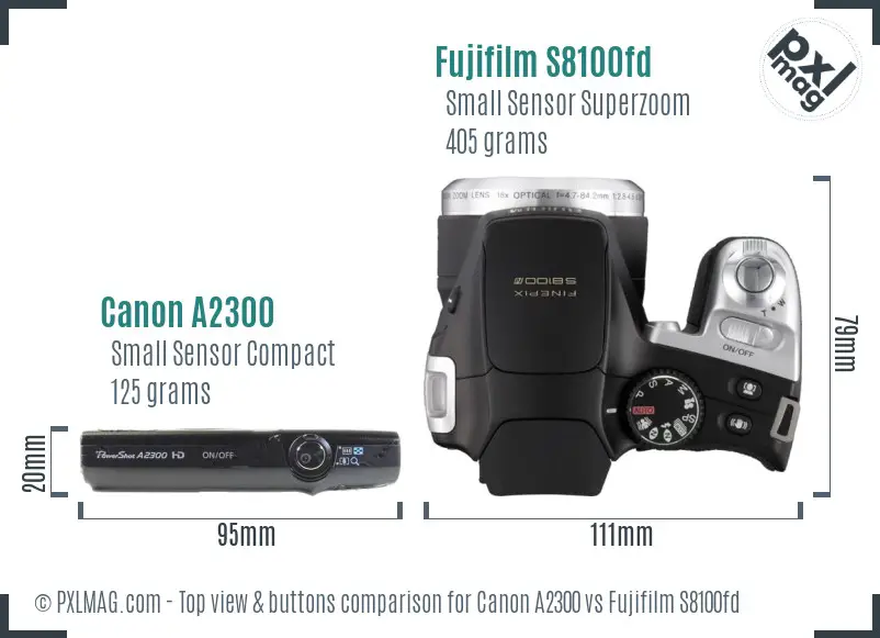 Canon A2300 vs Fujifilm S8100fd top view buttons comparison