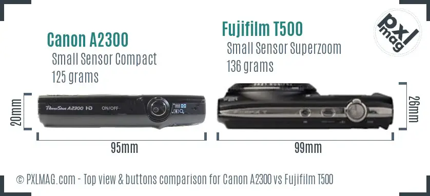 Canon A2300 vs Fujifilm T500 top view buttons comparison Canon A2300 vs Fujifilm T500 top view buttons comparison