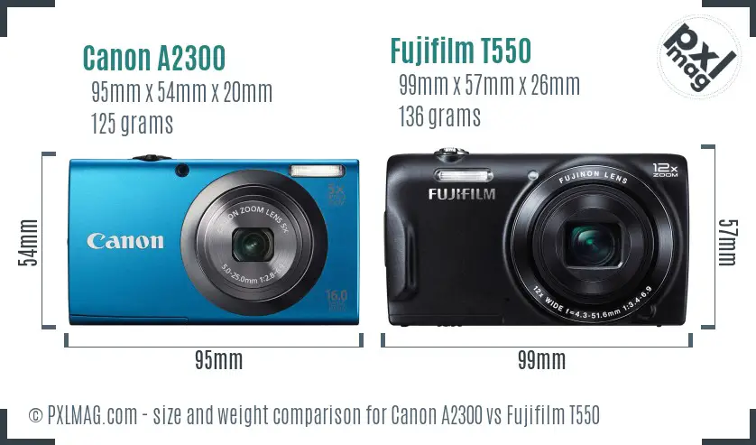 Canon A2300 vs Fujifilm T550 size comparison