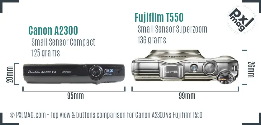 Canon A2300 vs Fujifilm T550 top view buttons comparison