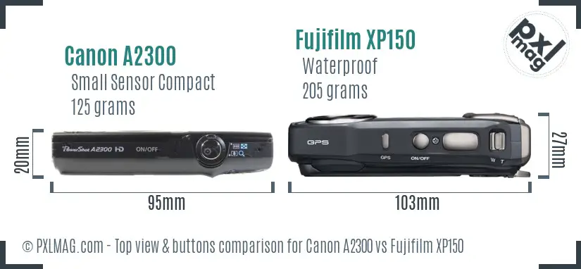 Canon A2300 vs Fujifilm XP150 top view buttons comparison