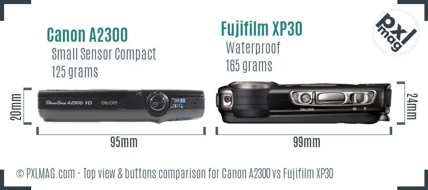 Canon A2300 vs Fujifilm XP30 top view buttons comparison
