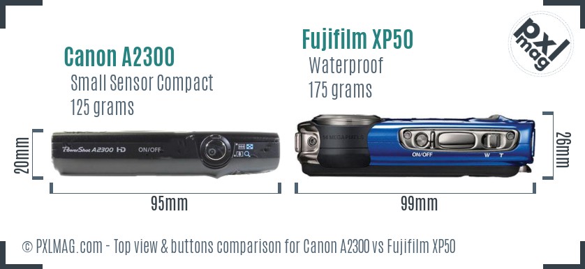 Canon A2300 vs Fujifilm XP50 top view buttons comparison
