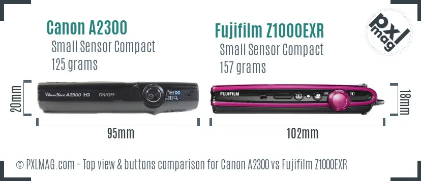 Canon A2300 vs Fujifilm Z1000EXR top view buttons comparison