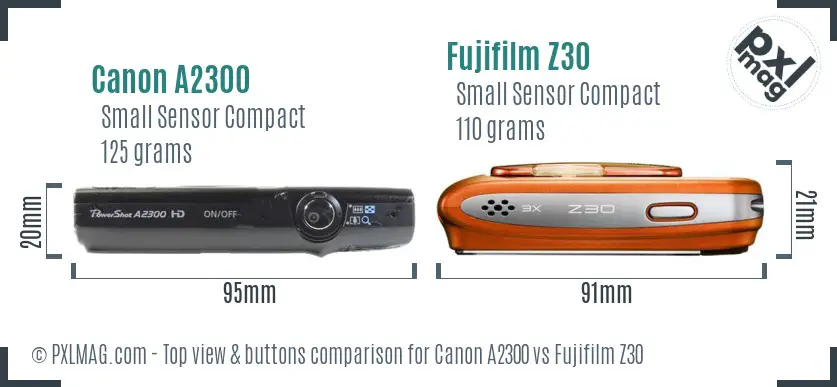 Canon A2300 vs Fujifilm Z30 top view buttons comparison