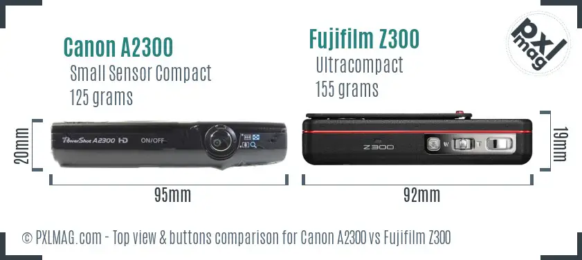 Canon A2300 vs Fujifilm Z300 top view buttons comparison Canon A2300 vs Fujifilm Z300 top view buttons comparison