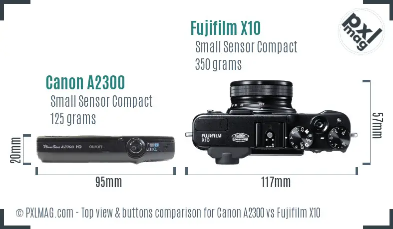 Canon A2300 vs Fujifilm X10 top view buttons comparison