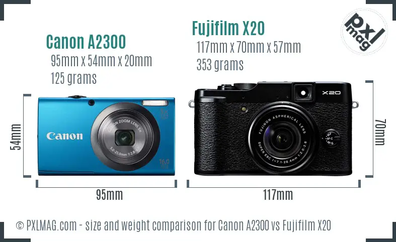 Canon A2300 vs Fujifilm X20 size comparison