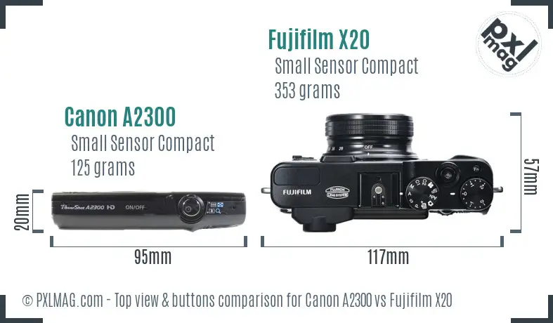 Canon A2300 vs Fujifilm X20 top view buttons comparison