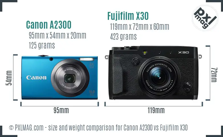 Canon A2300 vs Fujifilm X30 size comparison