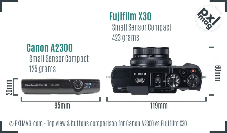 Canon A2300 vs Fujifilm X30 top view buttons comparison