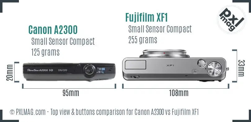 Canon A2300 vs Fujifilm XF1 top view buttons comparison