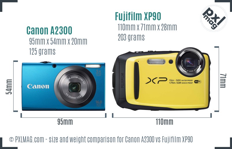 Canon A2300 vs Fujifilm XP90 size comparison