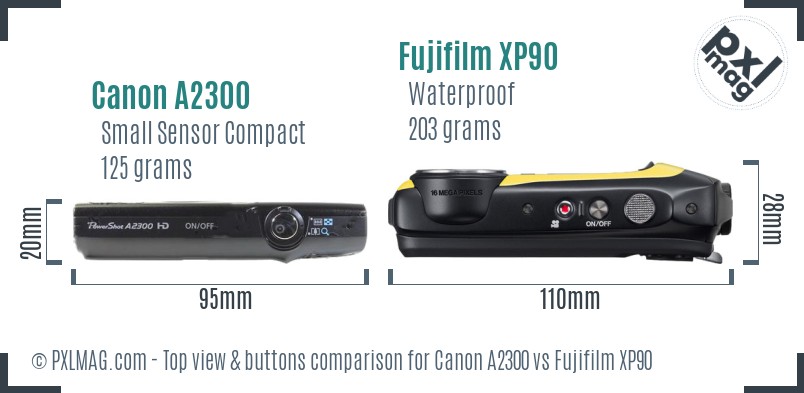 Canon A2300 vs Fujifilm XP90 top view buttons comparison