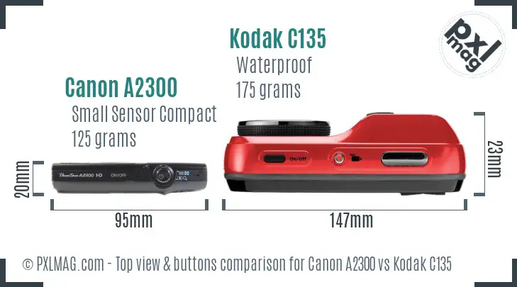 Canon A2300 vs Kodak C135 top view buttons comparison