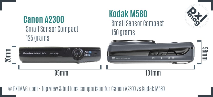 Canon A2300 vs Kodak M580 top view buttons comparison