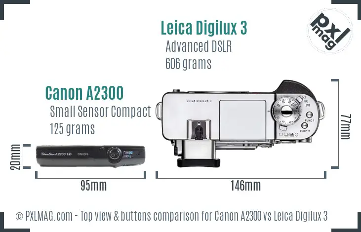 Canon A2300 vs Leica Digilux 3 top view buttons comparison