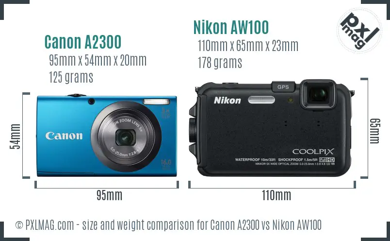 Canon A2300 vs Nikon AW100 size comparison