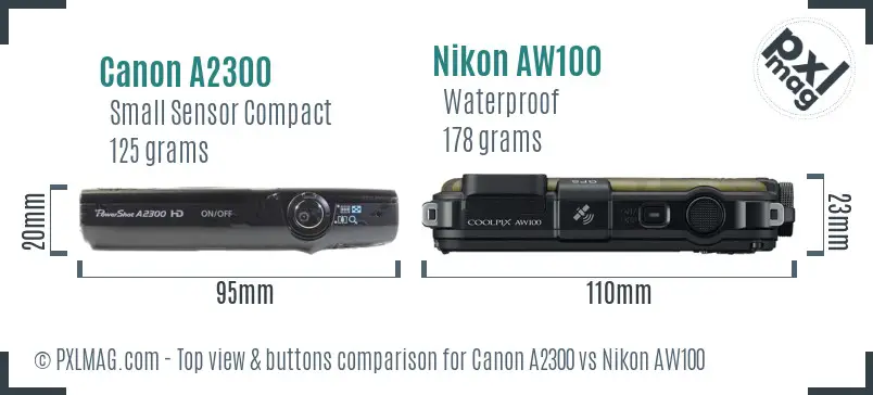 Canon A2300 vs Nikon AW100 top view buttons comparison